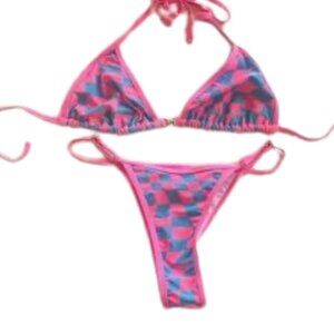 Pink & Blue Checkerboard Triangle Bikini women’s size S EUC